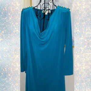Michael Kors Silky Knit Dress, Turquoise With Gold Chain Details, Cowl Neck, Med